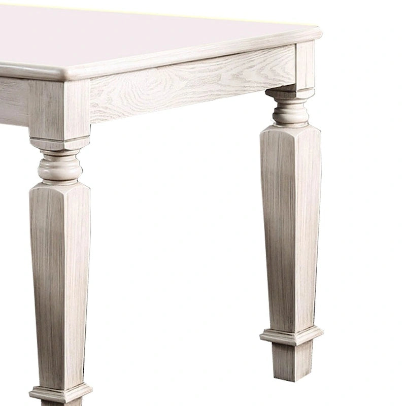Table à manger en bois avec 2 tiroirs et pieds fuselés, blanc vieilli
