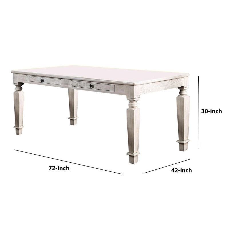 Table à manger en bois avec 2 tiroirs et pieds fuselés, blanc vieilli