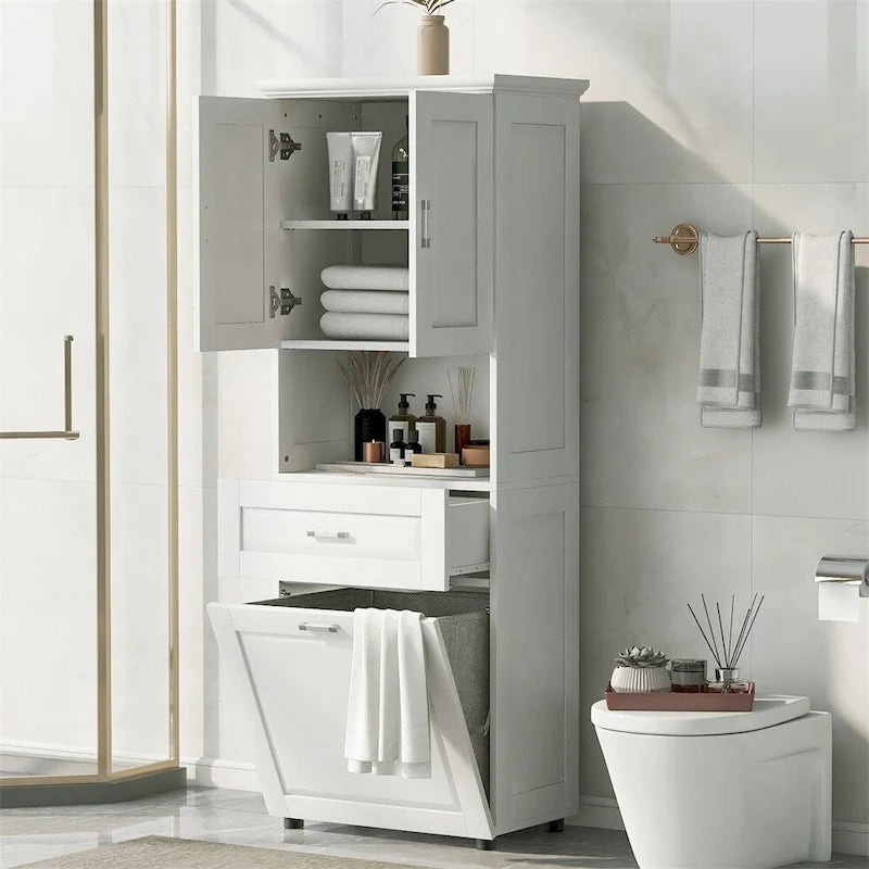 Meuble Colonne de Salle de Bain Haute avec Panier à Linge, Grand Espace de Rangement
