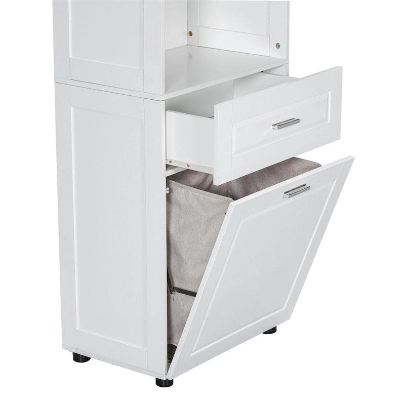 Meuble Colonne de Salle de Bain Haute avec Panier à Linge, Grand Espace de Rangement